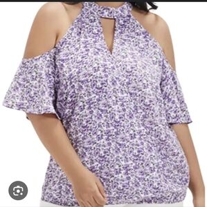 NWR! BloomChic Purple Floral Cold Shoulder Faux Wrap Blouse